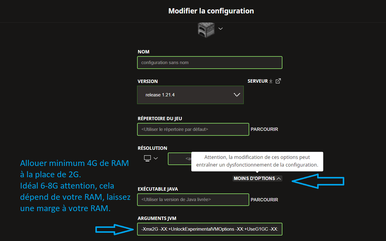 Liste des configurations du launcher Minecraft